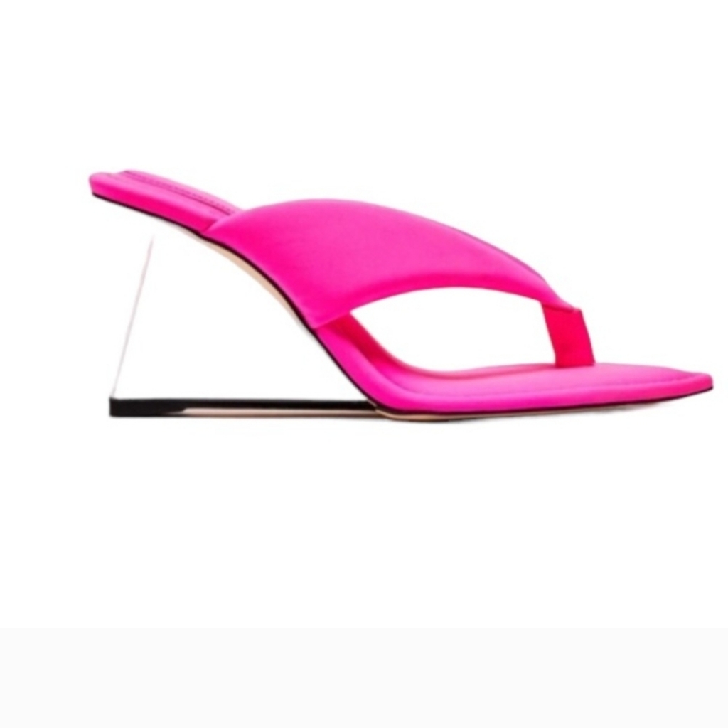 Good American 'Cinder F*Ckingrella' Hot Pink Neoprene Thong Glass Heel Wedges.